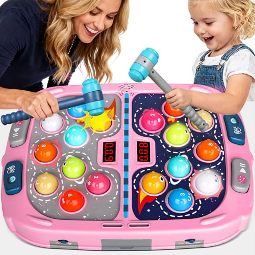 2-Player Whack Game Mole - Toys for Age 3-12 Kids,2 Hammers,3 Modes with Sound & Light,Safe Educational Pounding Toy,Birthday for 3 4 5 6+ Year Old Boys Girls,Pink