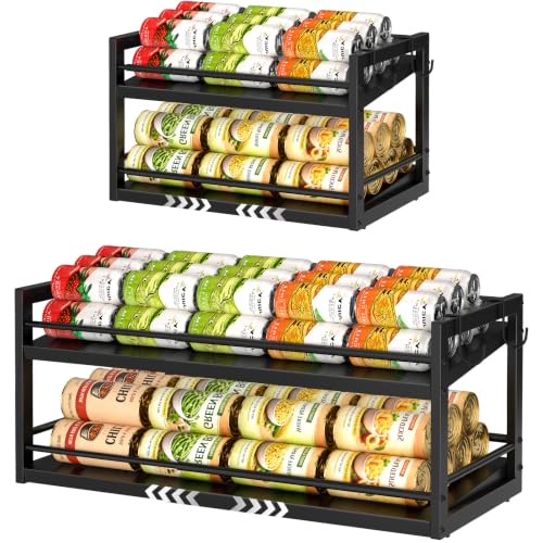 2-Tier Expandable Can Food Organizer for Pantry Shelf, Can Storage Rack for Kitchen Cabinet Organization, Soup Can Organizer with 2-Hooks, Heavy-duty Canned Goods Storage for Soda Drink Goods,1 Pack