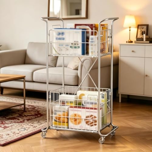 2-Tier Rolling Storage Cart, Stainless Steel Utility Cart, Mobile Organizer for Laundry, Bathroom, Kitchen, Bedroom, Easy Assembly, Compact Design, Versatile Shelving Solution