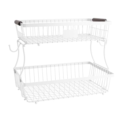2-Tier Stackable Wire Basket with 2 Banana Hooks, Pantry Organizer for Kitchen Countertops, Cabinets & Under-Sink Spaces; Ideal for Storing Snacks, Fruits, Veggies, Onions, Potatoes, & More,White