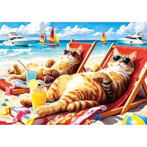 2000 Piece Cat Puzzle for Adults, Cute Chonky Cats Lounging on Tropical Beach Jigsaw Puzzle, Beach Vacation Scene Puzzle, Fun & Relaxing Family Activity for Cat Lovers, 39" x 28"