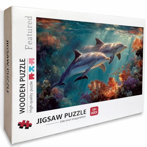 2000 Pieces Jigsaw Puzzle for Adults Dolphin, Sea Wooden Puzzles with Box, Letter on Back, Challenging Funny Games Crafts for Adults Kits, Fun Games for the Whole, (39x28in), O-3887