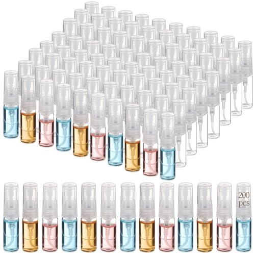 200 Pcs Mini Glass Spray Bottles, 3 ml Transparent Perfume Sample Bottles with Secure Spray Nozzle and Leak-Proof Design, Travel Size Spray Bottles for Fragrance, Essential Oils, Facial Mist and More