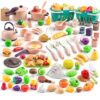 200Pcs Mini Play Kitchen Accessories for Kids, Pretend Cooking Playset with Cookware, Tableware & 2 Fruit Sets, Learning Gift for Girls, Boys, Toddlers, Pink