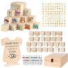 200Pcs Wooden Baby Blocks for Baby Shower,Baby Shower Blocks to Decorate,62 Wooden Blocks(52 Alphabet-Stamped+10 Blank),100 Templates to Paint,36 Acrylic Marker,1 Wooden Sign,1 Storage Box