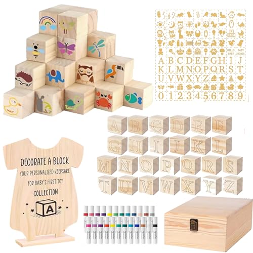 200Pcs Wooden Baby Blocks for Baby Shower,Baby Shower Blocks to Decorate,62 Wooden Blocks(52 Alphabet-Stamped+10 Blank),100 Templates to Paint,36 Acrylic Marker,1 Wooden Sign,1 Storage Box