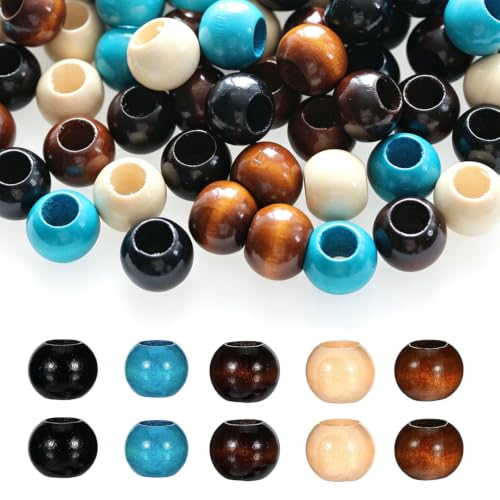 200Pcs Wooden Beads for Crafts, BetterJonny Large Hole Natural Wooden Beads 20mm Round Wood Loose Spacer Beads Hair Braid Beads for Macrame Bracelet DIY Craft Handmade Decor (5 Colors)