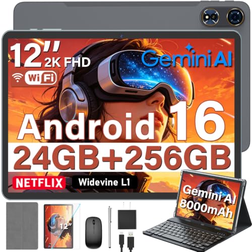 2026 12 Inch Android 16 Tablet with Keyboard, 24GB+256GB+2TB Expand, 2K Tablets PC with Gemini AI, Octa-Core, 8000mAh, 120Hz 2000x1200, GPS, GMS, 2 in 1 Large Tablets with Case, Mouse, Stylus(Silver)