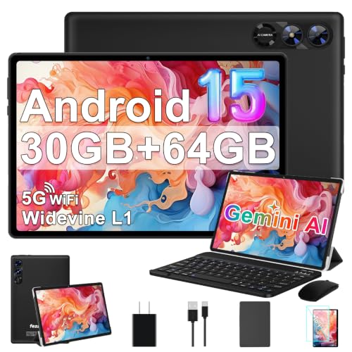 2026 Android 15 Tablet, 10 Inch Tablets with Gemini AI, 30GB+64GB+1TB Expand, 2-in-1 Octa-Core Electronics Tablets with Keyboard, Mouse, Widevine L1, 5G WiFi, 6000mAh, GPS, Split Screen -Black