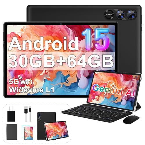 2026 Android 15 Tablet, 2-in-1 Octa-Core Electronics Tablets with Keyboard, Mouse, 10 Inch Tablets with Gemini AI, 30GB+64GB+1TB Expand, 6000mAh Battery, GPS, Widevine L1, 5G WiFi, Split Screen -Black
