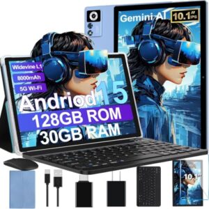 2026 Android 15 Tablet with Keyboard | Gemini AI, 30GB+128GB Octa-Core Electronics Tablets w/ 10 Inch IPS HD Display, 8000mAh, 5G WiFi, 1TB Expand, Mouse+Case, BT 5.0, Widevine L1, Metal Body -Blue