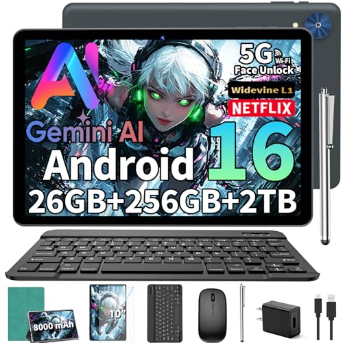 2026 Android 16 Tablet with Keyboard, 10 Inch Tablet with Gemini AI, 26GB+256GB+2TB Expand, 2-in-1 Tablets with 8-Core, WiFi, 8000mAh, GMS, GPS, Electronic Tablets PC with Mouse, Case, Stylus (Green)