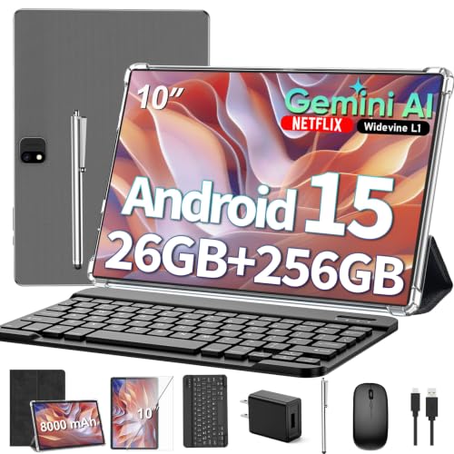2026 Gemini AI 10 inch Tablet, Android 15 Tablet with Keyboard, 24GB+256GB+2TB Expand, Gemini AI Tablet PC with 8-Core, 5G WiFi, 8000mAh, GMS, GPS, 2-in-1 Tablet with Case, Mouse, Stylus, Black Case