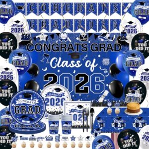 2026 Graduation Decorations Blue Black - Class of 2026 Party Decor Kit with Backdrop, Balloons, Banner & Vibrant Supplies (Blue Black)