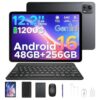 2026 Upgraded 12.2 inch Tablet, Android 16 Tablet with Gemini AI, 2.4K 120Hz Display, 48GB RAM+256GB ROM, Unisoc T7300 Octa-Core, 12000mAh/18W, 13MP+8MP, Widevine L1, Tablet with Keyboard, Pen, Black