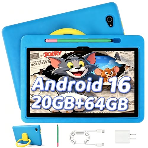 2026 Upgraded Android 16 Kids Tablet, 10 inch Tablet for Kids with 20GB RAM 64GB ROM 1TB Expand, 6000 mAh Battery, Parental Control, UKIDOZ Kids Space, Widevine L1 HD, Protective Case Pen(Blue)