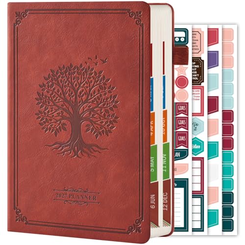 2027 Calendar Planner Daily & Monthly, Jan - Dec 2027, A5 Size (5.6'' X 8.3''), with Hourly Schedules, Month Tabs, Planning Stickers, Leather Cover Appointment Book for School Office Home, Brown