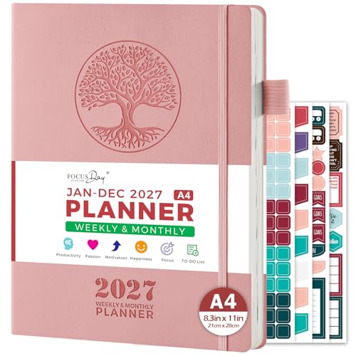 2027 Calendar Year Planner, 8.5" X 11" Soft Cover Planner Weekly & Monthly, Jan 2027 - Dec 2027, A4 Large Appointment Book with 4 Planning Stickers, Month Tabs, Inner Pocket, 5.7" x 8.3", Pink