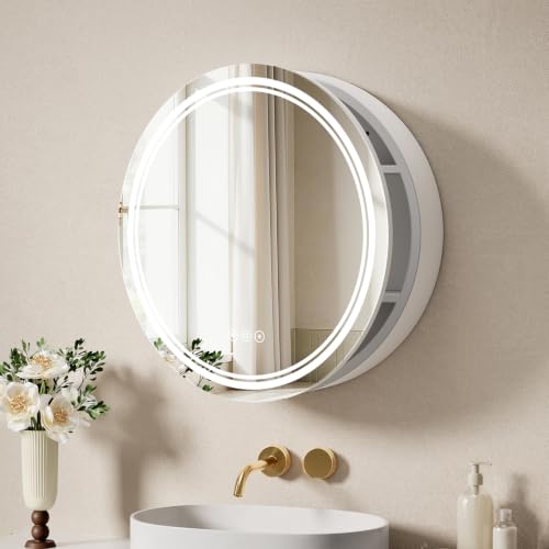 20 Inch Round Lighted Medicine Cabinet with Mirror, LED Medicine Cabinet with 3-Color Lights 2700K-6500K, Dimmable, Anti-Fog, USB Outlet, White Mirror Cabinet with Storage for Bathroom, Surface Mount