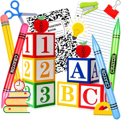 20 Pcs Back to School Party Decorations Giant Classroom Theme Decor ABC 123 Balloon Boxes Large Inflatable Pencil Crayon, Honeycomb Apple for Celebration First Day of Preschool Kindergarten Birthday