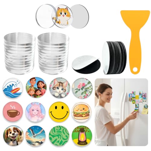 20 Pcs DIY Fridge Magnet Kit –2"x2" Thick Square Clear Acrylic Magnetic Set with Adhesive Backing, Simple Crafts for Photo,Party,Office,Classroom,Cabinets,Kitchen and Decoration (Round)