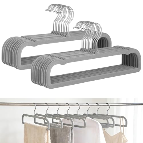 20 Pcs Velvet Pants Hangers, Black Flocked Clothes Hangers with 360° Swivel Hook, Slim Space Saving Non-Skid Hangers for Skirts, Pants, Dresses, Tank Tops, Bras, Gray, for Closet Organization