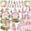 213Pcs Bear First Birthday Decorations for Girl Serves 25 Guests, 1st Birthday Decorations Girl Include Banner, Plates, Napkin, Cup, Forks, Straw and Tablecloth, 1st Party Decorations
