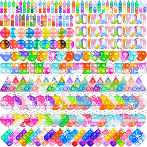 216 PCS Pop Fidget Keychain Pop Bracelets,10 Kinds Mini Fidget Toys Bulk Party Favors for Kids,Bubble Sensory Stocking Stuffers Push Pops Bulk Toys Its Small Prizes for Kids Classroom Birthday Bubble