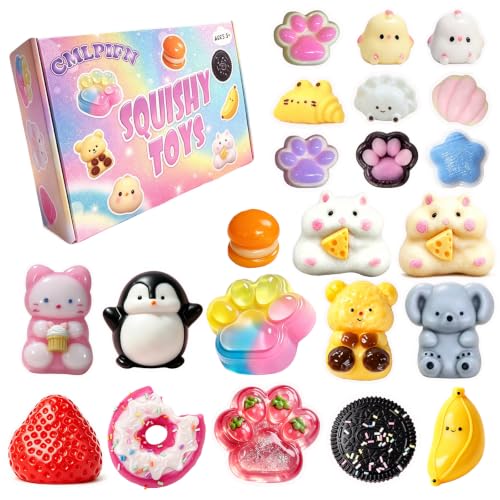 22Pcs Taba Squishy Pack Fidget Toys, Include Squishies Chick, Cat Paws, Hamster, Strawberry ,Doughnut, Sensory Toys for Kids, Classroom Birthday Gifts, Goodie Bag Stress Relief Toys (12big+10small)