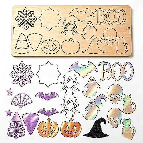 22x11cm 12-in-1 Halloween Wooden Cutting Die, Flat Wood Mold with Pumpkin Ghost Bat Skull Cat Boo Patterns, for Glitter Cardstock Felt Leather Scrapbook Hair Bow Gift Tag Crafts