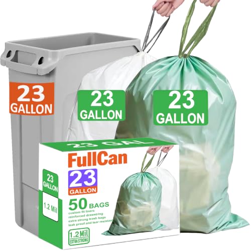 23-33 Gallon White Drawstring Heavy Duty 1.2 MIL THICK Trash Bags 50 Count Compatible with Rubbermaid Brute & Winco 23-33 Gallon Slim Jim Trash Bags Sturdy & Tear-Resistant White & Green