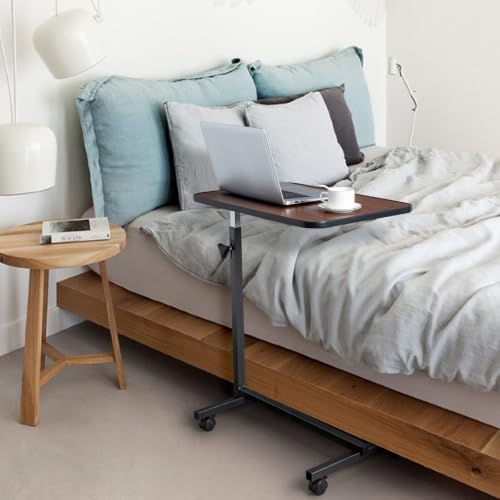 23.6in Modern Adjustable Overbed Bedside Table,Small Computer Desk,Rolling Laptop Table,Portable Computer Workstations Desk,with Wheels,for Small Spaces, Bedroom, Living Room, Office (Brown)