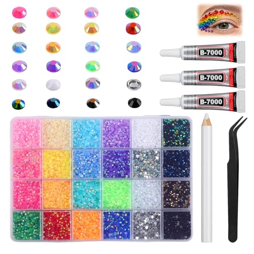 24000Pcs 24Colors Jelly Rhinestones 3mm, Multicolor Resin Flatback Rhinestones, Bedazzling Kit with 3Pcs 10ml B7000 Jewelry Glue for Nail Art, Diamond Painting, DIY Crafts and Decorations