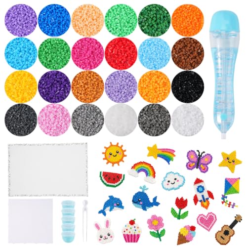 24004Pcs Fuse Beads Iron Kit, Includes 24 Colors 5mm Complete Iron Beads,Perler Bead Pen, Ironing Paper, Square Pegboard for DIY Art & Craft Gift for Home & Holidays Christmas Birthday