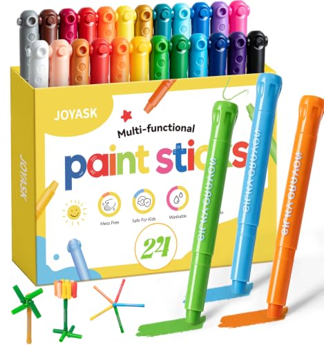 24 Colors Silky Twistable Crayons, Washable Crayons for Kids Ages 4-8, Non-Toxic, Quick-Dry Paint Sticks with Interlocking Caps for Creative Building, Works Great on Paper, Wood, Canvas