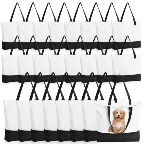 24 Pack Canvas Tote Bags with Zipper, HWJH Blank Reusable Grocery Bags, Widened Washable Bag with Inner Pocket, Shopping Travel Large Tote Bag for DIY Heat Transfer, Christmas Craft Gift (Black/White)