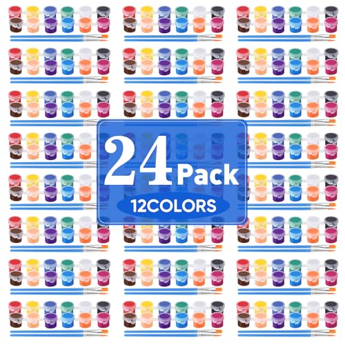 24 Pack Mini Acrylic Paint Set, 12 Colors Acrylic Paint Strips with 48 Brushes, Washable Paint for Kids & Adults Craft, 336 PCS Painting kit for Easter Eggs, Birthday, Party Favor, Classroom Art Gifts