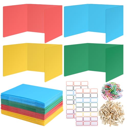 24 Packs Pastel Privacy Folders Desk Durable Waterproof Plastic Divider Board Tri Fold Easy Clean Privacy Shield Divider with Sticker Clips and Clips for Back to School Classroom Teacher Supplies