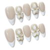24Pcs Almond Wearable Press On False Nails Long French Colorful Flower Pearl Design Summer Finished Fake Nail Manicure Kit(Y3)