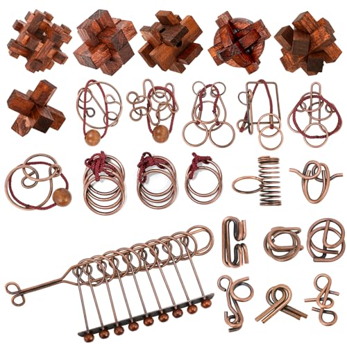 24 Pcs Brain Teaser Puzzles for Adults - Metal & Wooden 3D IQ Test Logic Game, Unlock Interlocking Brain Puzzle Toys for Teens Kids, Smart Educational Desk Toy for Mind Challenges