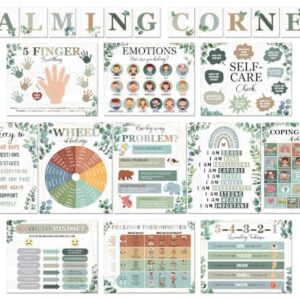 24Pcs Calming Corner Posters Greenery Eucalyptus Classroom Decor Feeling Wheel Chart Emotion Coping Skills Posters Educational Mental Health Wall Art for Therapy Office Decor Calm Down Corner Supplies