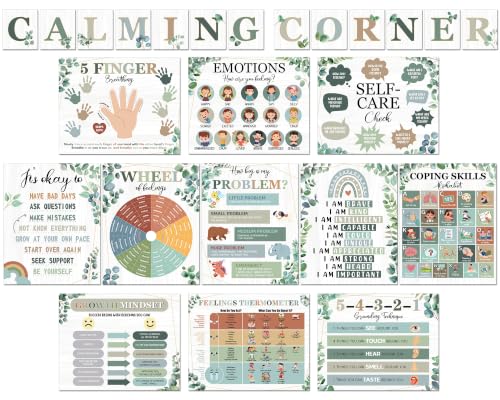 24Pcs Calming Corner Posters Greenery Eucalyptus Classroom Decor Feeling Wheel Chart Emotion Coping Skills Posters Educational Mental Health Wall Art for Therapy Office Decor Calm Down Corner Supplies