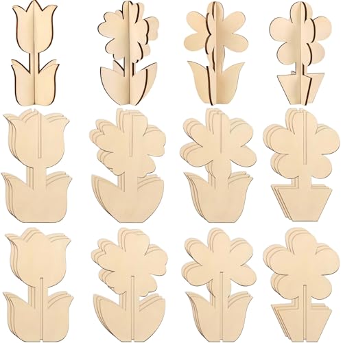 24 Pcs Flower Spring Wood Crafts, Wooden Flower Shaped Ornaments for Painting, DIY Craft Kit for Kids, 3 Patterns, Ideal for Creative Art Activities, Family Fun and Home Display