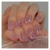 24Pcs Glitter False Nail With Shiny Powder Design Gradient Pink Mid-length Ballet Press On Nails Wearable Fingernail Manicure Kit(Y3)