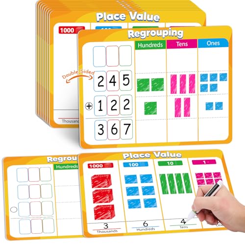 24Pcs Place Value Chart Dry Erase Flash Cards Double Sided Addition Subtraction Cardboard Math Whiteboard Math Manipulatives Teacher Portable Tool 12" x 9"