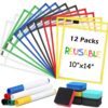 24 Pcs Reusable Dry Erase Pocket Sleeves 10" x 14" Clear Plastic Paper Sheet Sleeves Protectors Ticket Holders with Markers and Mini Dry Erasers for Teacher School Classroom Supplies(Vivid Colors)