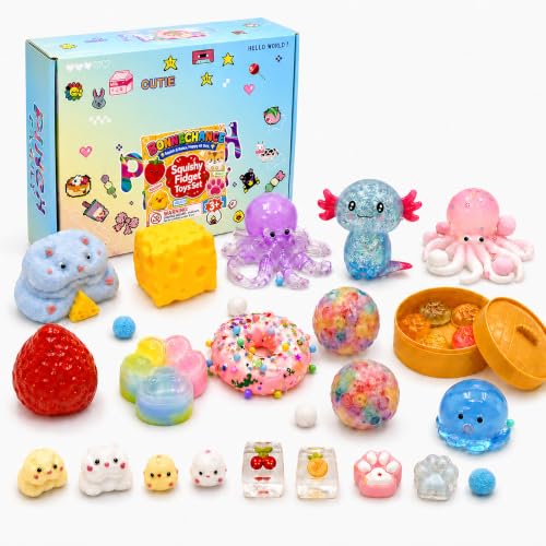 24Pcs Taba Squishy Pack Fidget Toys, Include Octopus, Axolotl, Dumpling, Cheese, Hamster, Sensory Toys for Kids, Party Favors Treasure Box for Classroom Birthday Gifts, Goodie Bag Stress Relief Toys
