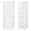 24 Pieces Days of The Week Stickers for Drawers Monday Through Friday Weekday Labels for Clothes Organizer Plastic Bin for School Clothes Classroom Organization (White)