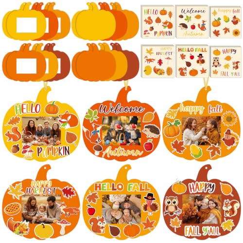 24 Sets Fall Crafts for Kids Thanksgiving DIY Picture Frames Autumn Paper Pumpkin Photo Frame Ornaments for Fall Festival Games Activities Craft Harvest Art Gifts Party Favors Classroom Decorations