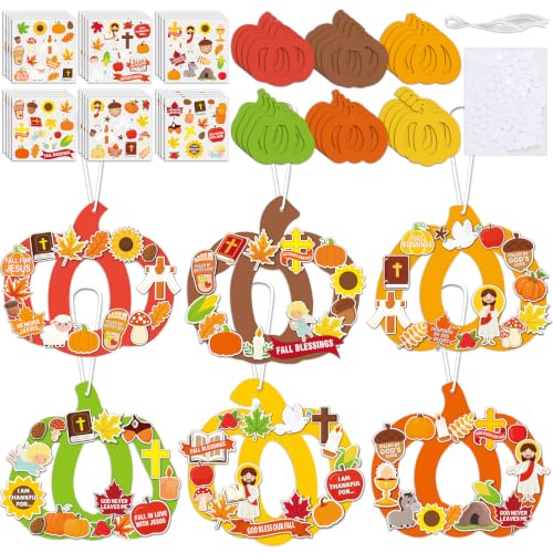 24 Sets Fall Religious Craft Kit Autumn Pumpkin DIY Wreath Crafts Kit with Christian Jesus Maple Leaves Stickers Thanksgiving Hanging Ornament for Halloween Sunday School Church Activities Home Decor